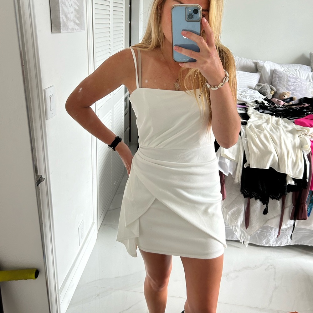 Trixxi White side ruffle mini dress